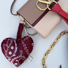 Load image into Gallery viewer, BURGUNDY BOOM BANDANA PUFFY HEART KEYRING/BAG CHARM
